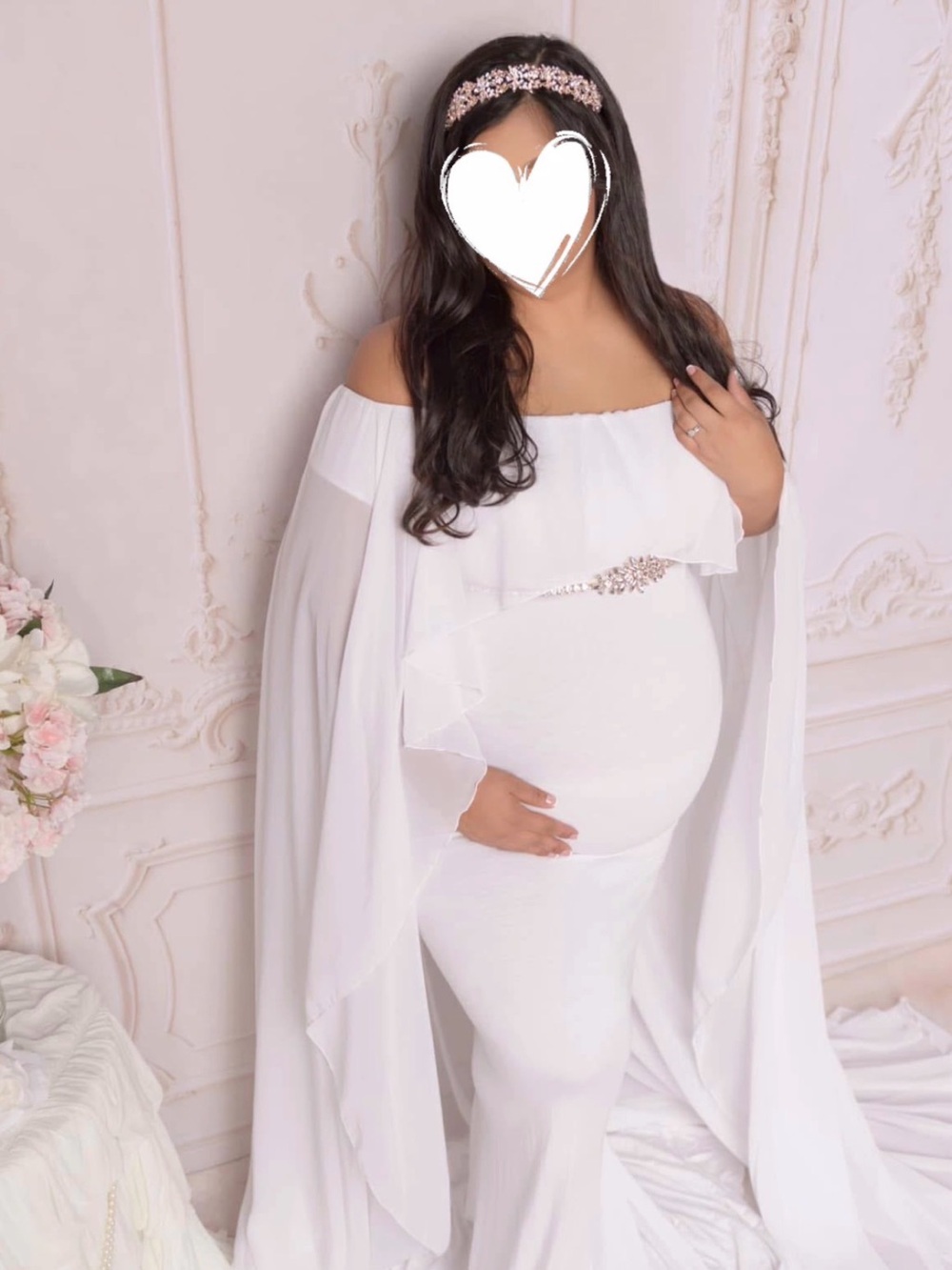 Off-Shoulder White Maternity Gown with Draped Cape